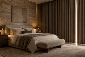پرده بلک‌اوت در اتاق خواب مدرن و لوکس