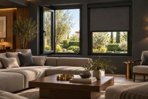 پنجره UPVC با قاب مشکی و پرده شید تیره در دکوراسیون مدرن با دیوار ذغالی