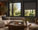 پنجره UPVC با قاب مشکی و پرده شید تیره در دکوراسیون مدرن با دیوار ذغالی
