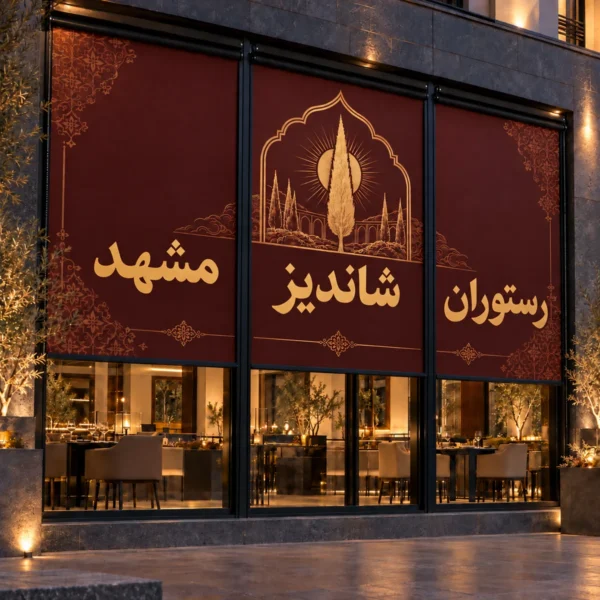 شید چاپی بلک‌اوت زرشکی رستوران و کافه با نام و نشان طلایی سفارشی