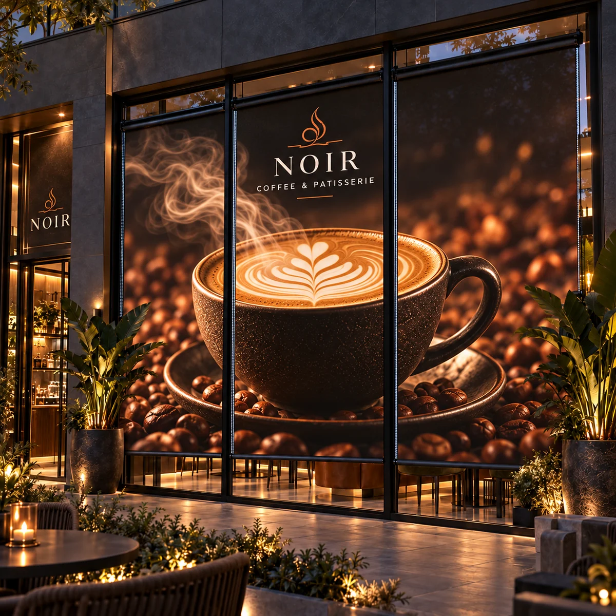 restaurant-shade-exterior-single-coffee پرده شید چاپی رستوران و کافه با تصویر پیوسته قهوه روی سه پنجره، نمای بیرونی